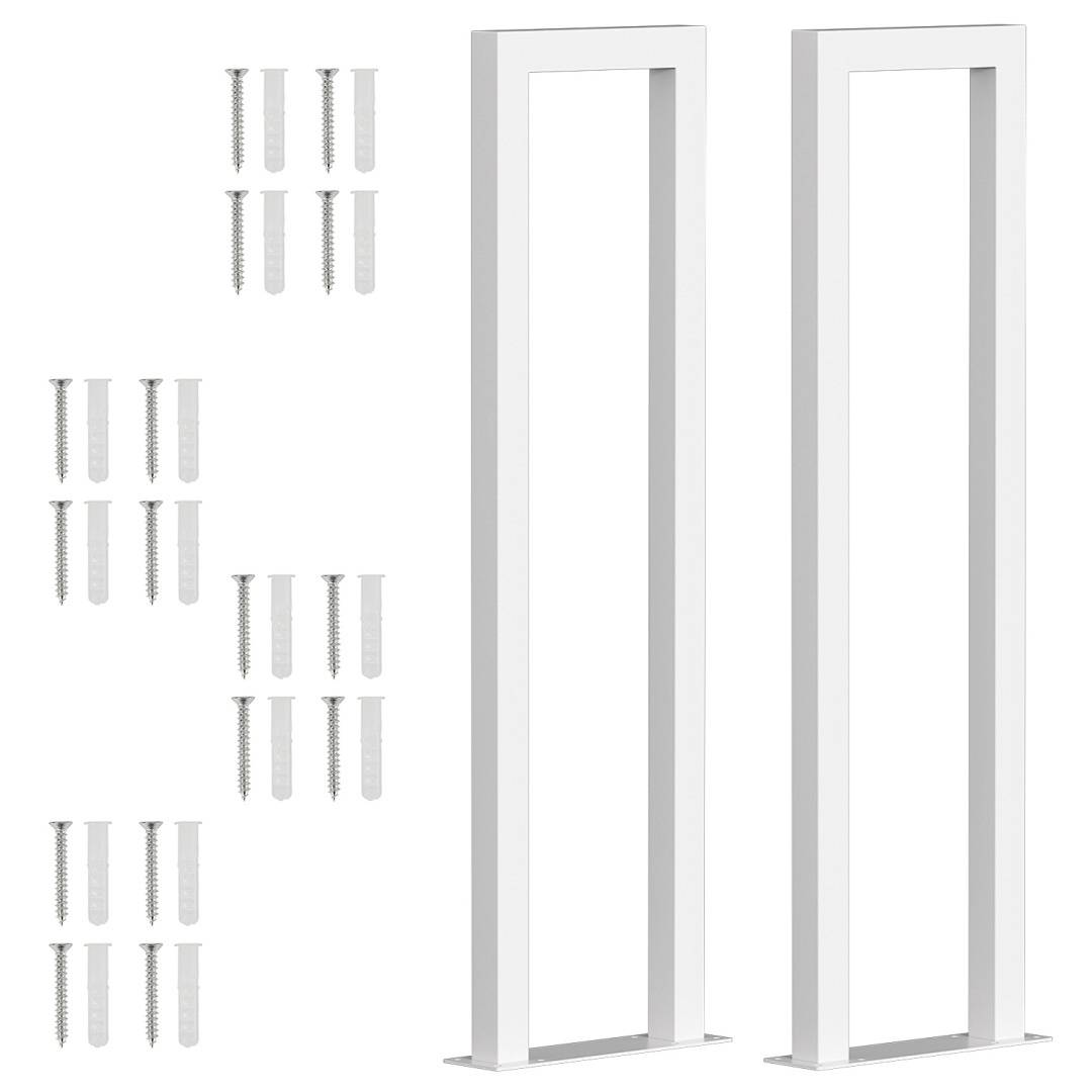 Zwei weiße Metallhalterungen, jede mit einem rechteckigen Rahmen, werden mit mehreren Schrauben zur Montage gezeigt, wahrscheinlich zur Unterstützung von Regalen.