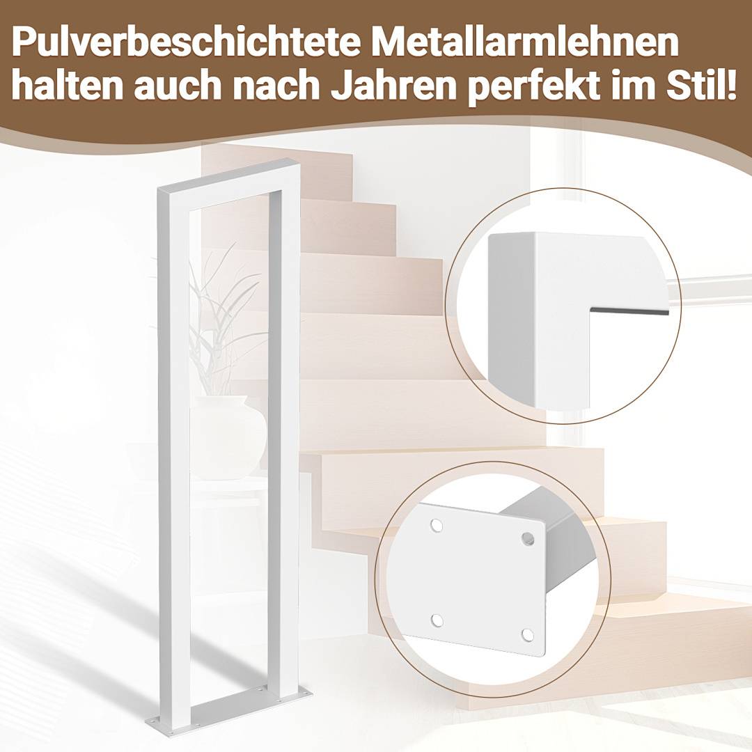 Pulverbeschichtete Metallarmlehnen halten auch nach Jahren perfekt im Stil!' Weiße Metallhandlauf neben modernen Holztreppen, mit eingefügten Detailbildern, die Nahaufnahmen des eleganten Designs und der pulverbeschichteten Oberfläche zeigen.
