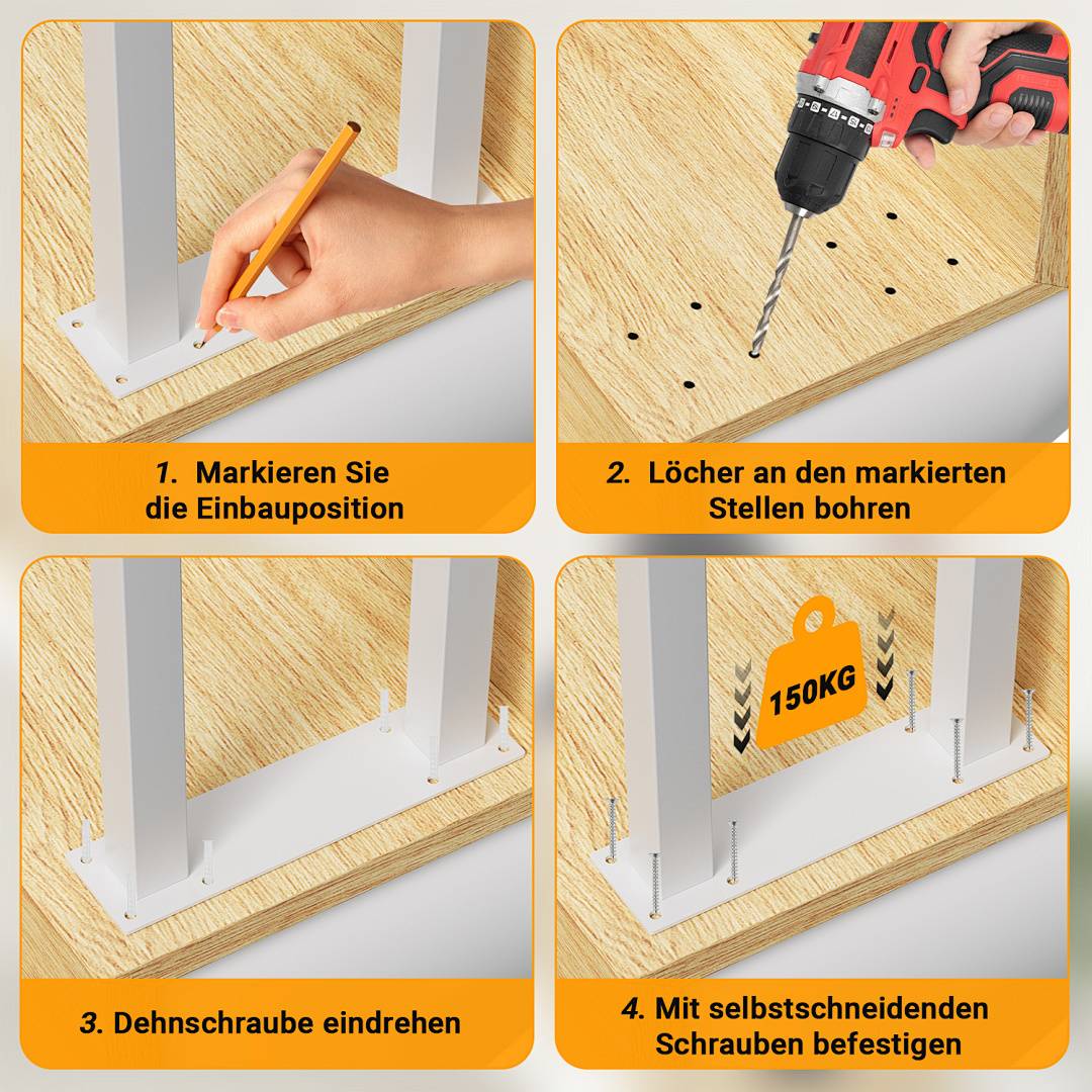 Das Bild zeigt vier Schritte zum Befestigen eines Tischbeins: 1. Positionen markieren. 2. Löcher bohren. 3. Spreizdübel einsetzen. 4. Selbstschneidende Schrauben verwenden.