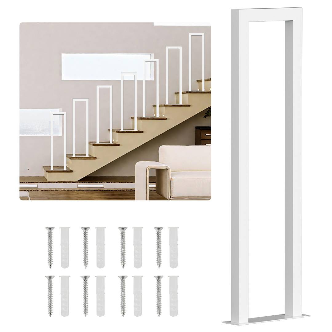 Ein modernes Treppenhaus mit Glasgeländern wird in einer Wohnzimmerumgebung gezeigt. Ein separates Bild zeigt einen Metallrahmen und die enthaltene Montagebeschlagnahme.