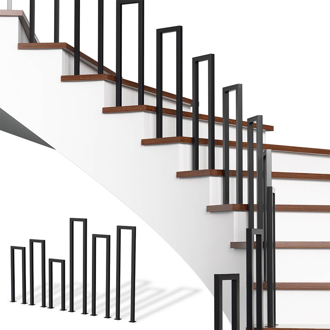 Moderne Treppe mit Holzstufen und schwarzen vertikalen Geländern, die in einem Spiralmuster aufsteigt. Eine kleinere Version des Geländers ist unten dargestellt.