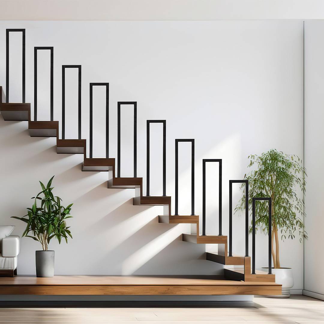 Eine moderne, minimalistische Treppe mit Holzstufen und schwarzem Geländer erhebt sich an einer weißen Wand, flankiert von zwei Topfpflanzen mit grünem Laub.