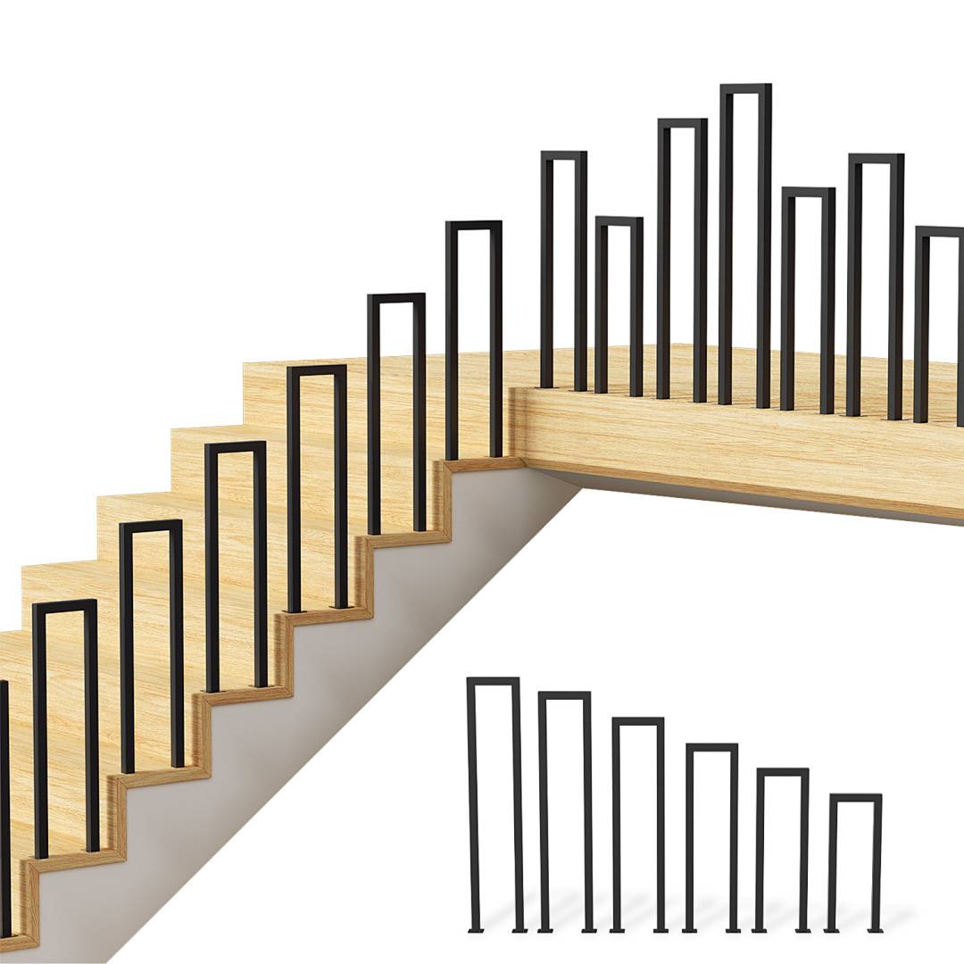 Holzregal in Treppenform mit vertikalen schwarzen Stützen, die einem Balkendiagramm ähneln. Zwei ähnliche kleinere Regale sind daneben angebracht.