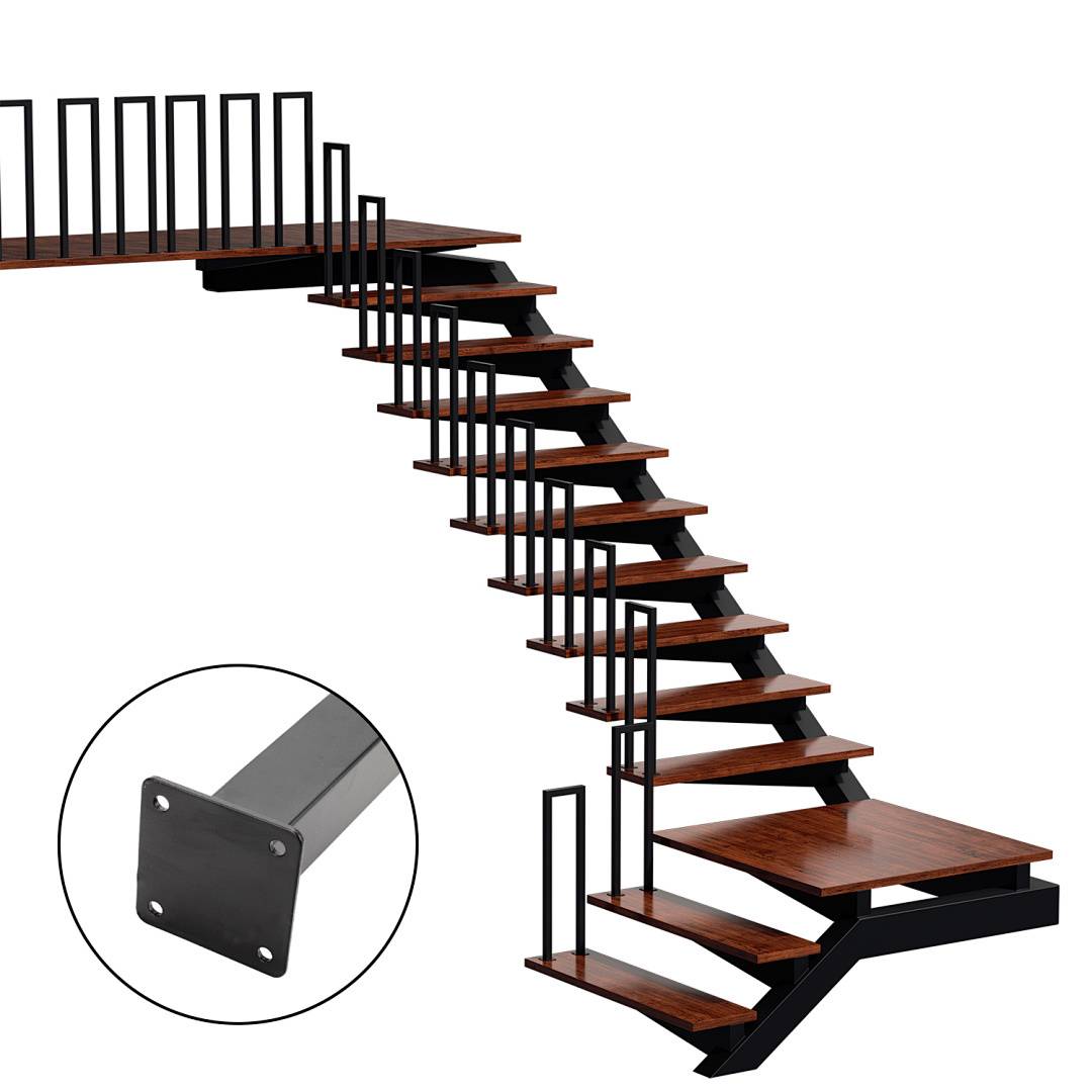 Moderne Metall- und Holztreppe mit schwebendem Design und schwarzem Geländer, mit einer Nahaufnahme einer quadratischen Metallbefestigungsplatte.