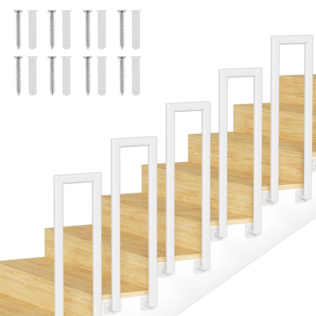 Weiß pulverbeschichtetes Treppengeländer-Set mit Schrauben, mit verschiedenen Konfigurationen zur Installation an einer Holztreppe.