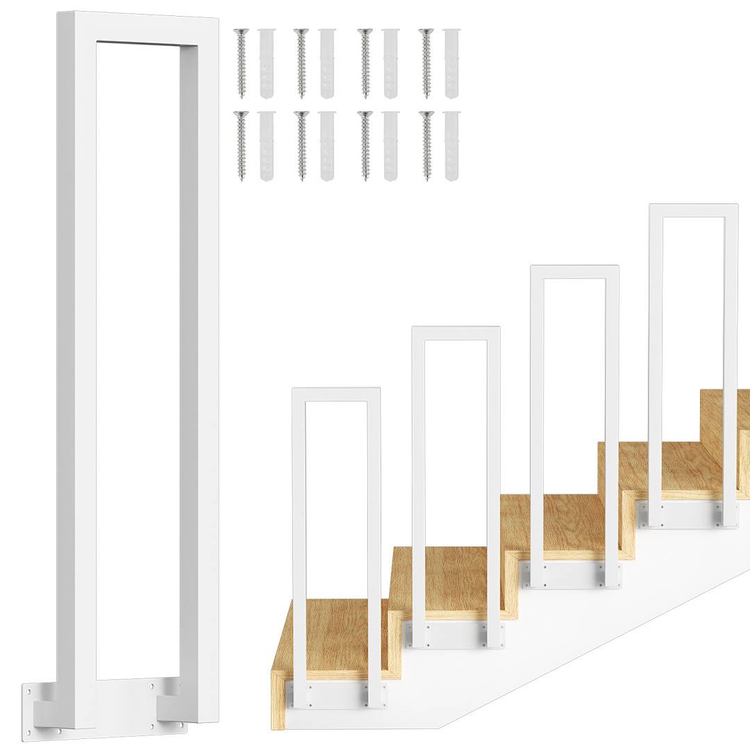 Modernes weißes Treppengeländer mit Holzakzenten, in absteigender Reihenfolge auf den Stufen angezeigt. Enthält Schrauben zur Installation.