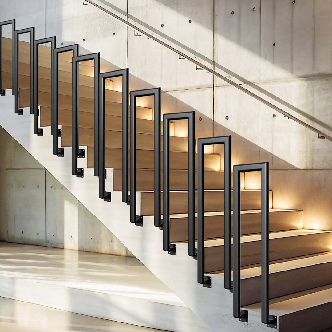Eine moderne Treppe mit Glas- und Metallgeländern, Holzstufen und Wandbeleuchtung, vor einer Betonwand in einem zeitgenössischen Raum.