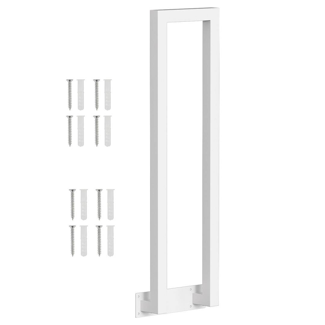 Weißer rechteckiger Metallgitterrahmen mit Befestigungsschrauben und Wanddübeln an der Seite.