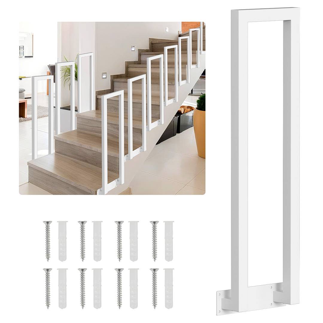 Ein weißes Sicherheitsgitter am unteren Ende einer Treppe, mit einem Satz Schrauben und Dübeln darunter abgebildet. Die Umgebung ist ein moderner Innenraum.