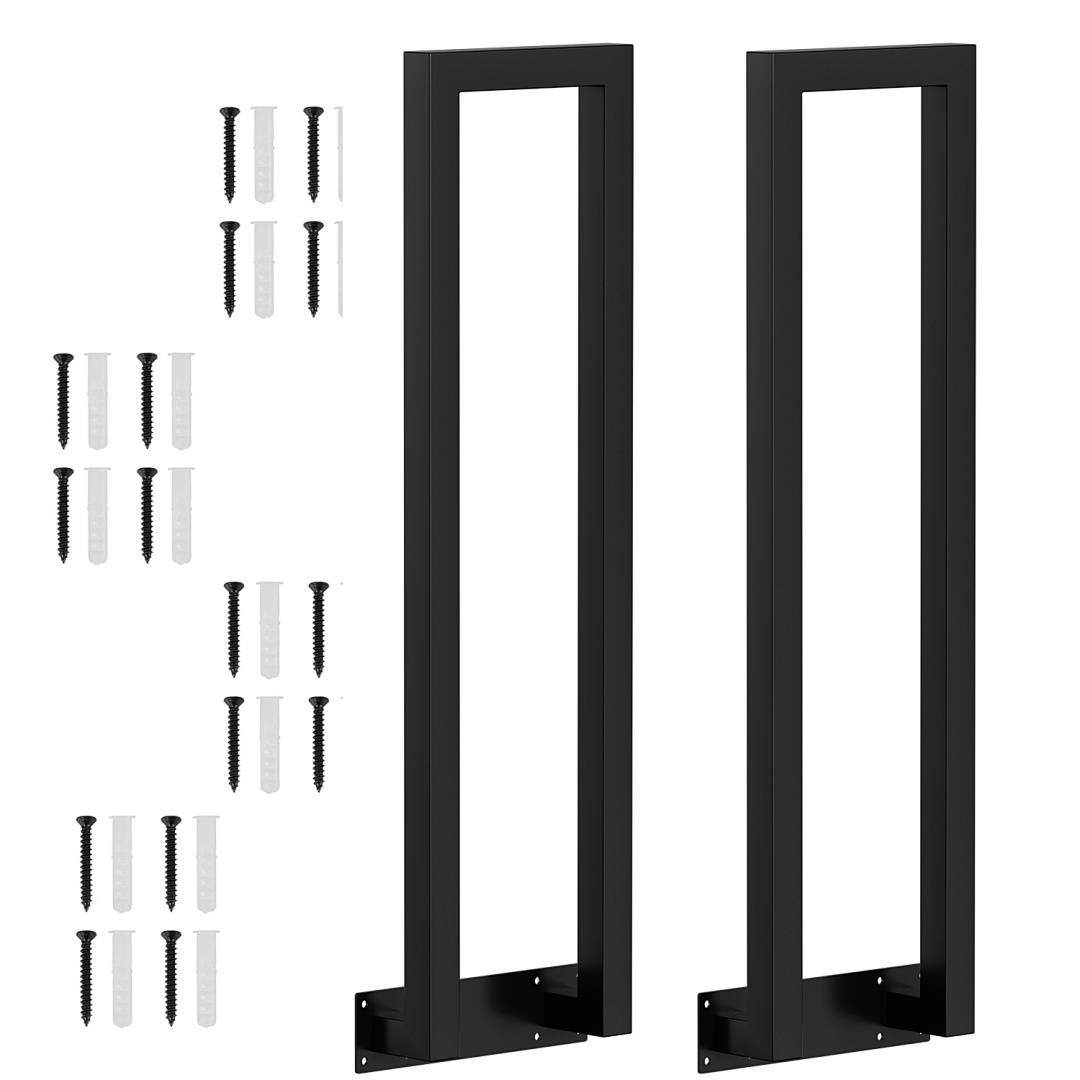 Zwei schwarze rechteckige Metallbeine mit Schrauchlöchern, begleitet von Sätzen schwarzer und weißer Schrauben und Dübeln zur Montage.