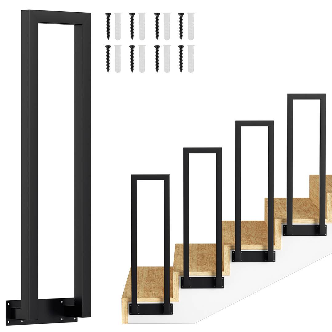 Modernes Treppengeländer-Set mit schwarzen Metallrahmen und Holzstufen, einschließlich Schrauben und Wandanker, ideal für Wohnungsinterieurs.