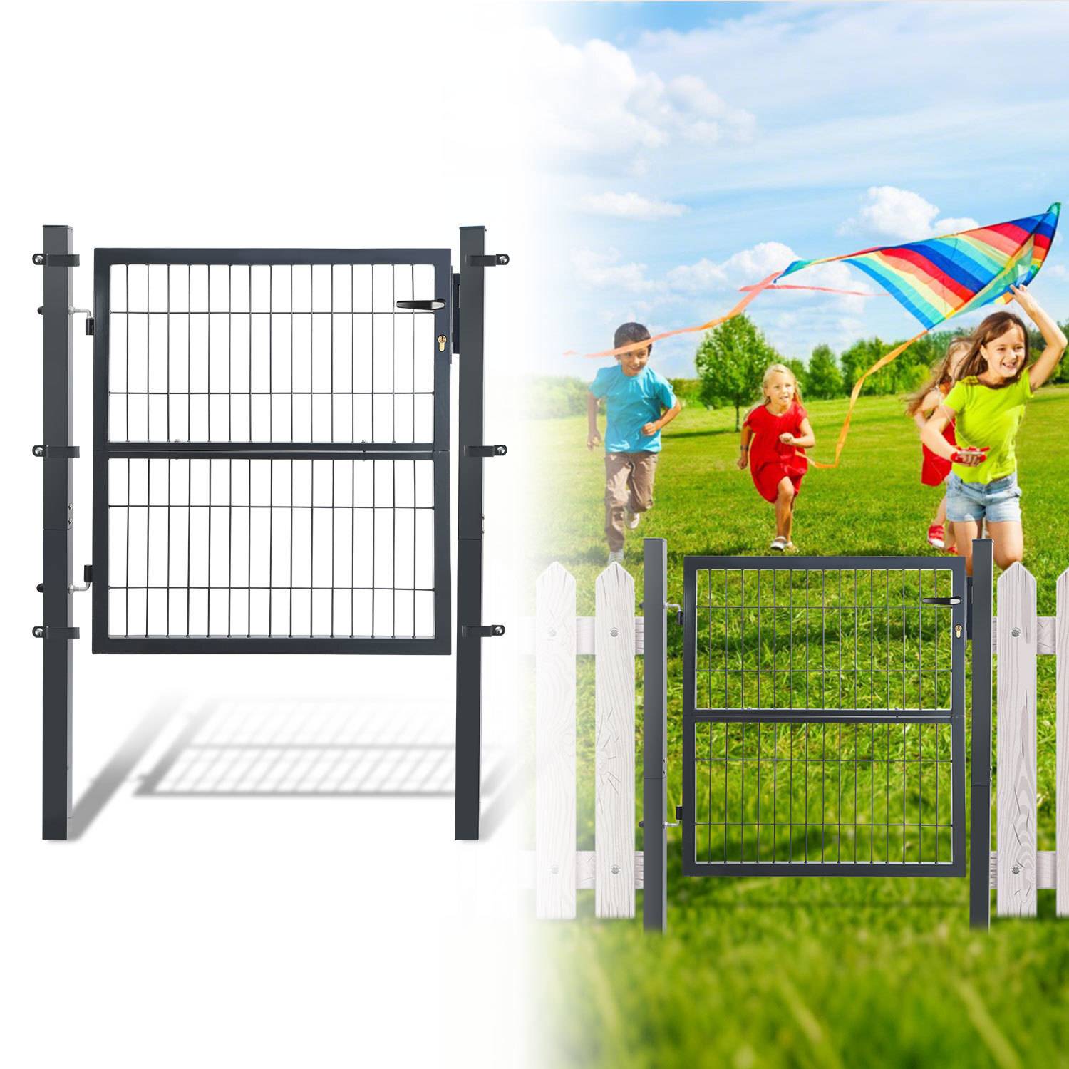 Ein schwarzes Metalltor geht in eine Szene über, in der Kinder mit einem bunten Drachen auf einem grünen Feld unter einem blauen Himmel laufen.