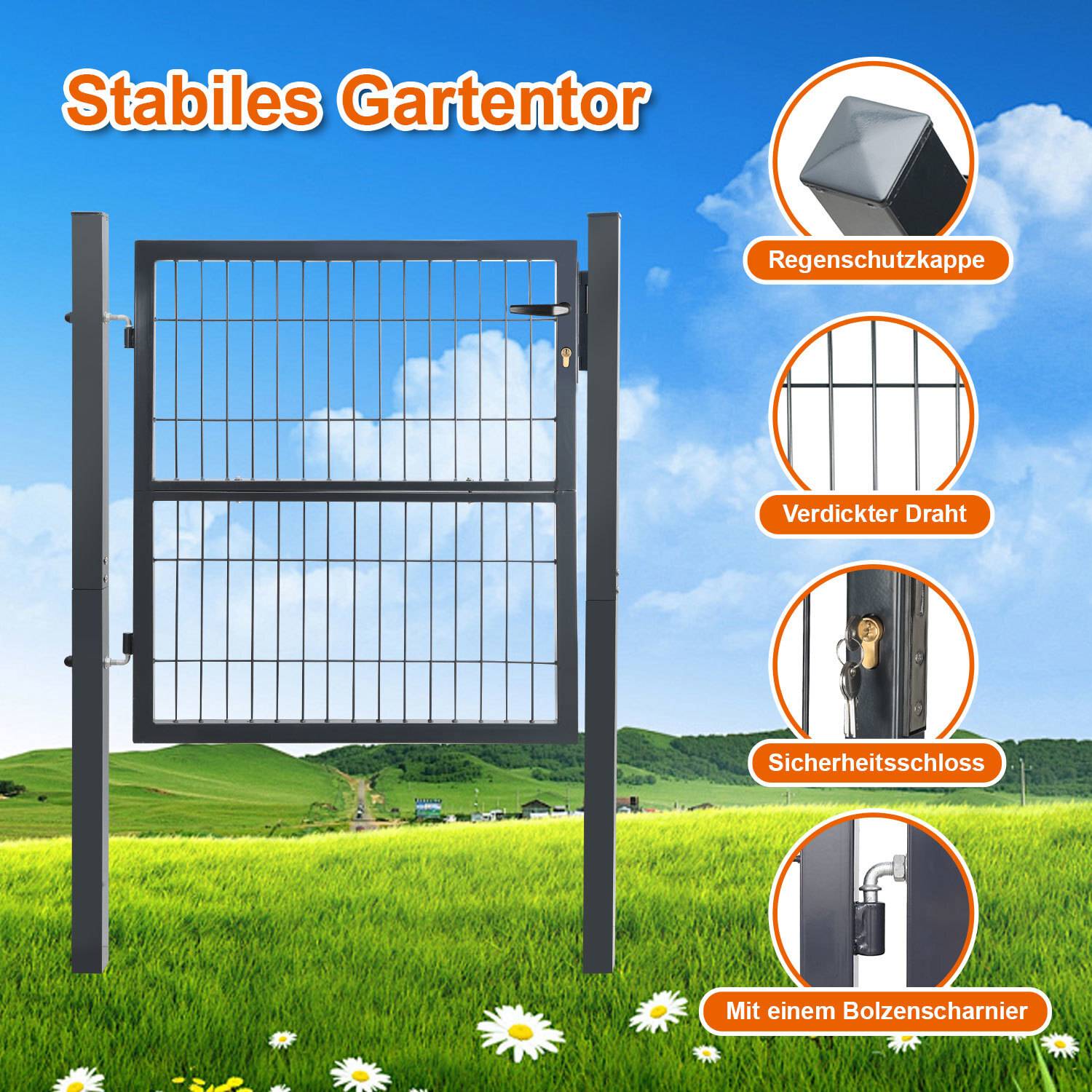 Ein stabiles Gartentor mit Sicherheitsschloss und Bolzenscharnier wird gezeigt. Zu den Merkmalen gehören eine Regenkappe, dickdraht-Design, vor einer grünen Landschaft.