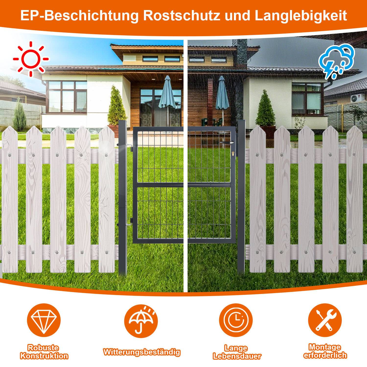 Illustration zeigt einen Zaun mit EP-Beschichtung zum Rostschutz und zur Langlebigkeit. Die linke Seite ist sonnen- und wasserfest, während die rechte Seite verwittert wirkt. Symbole darunter heben robuste Konstruktion, Wetterbeständigkeit, lange Lebensdauer und einfache Installation hervor.
