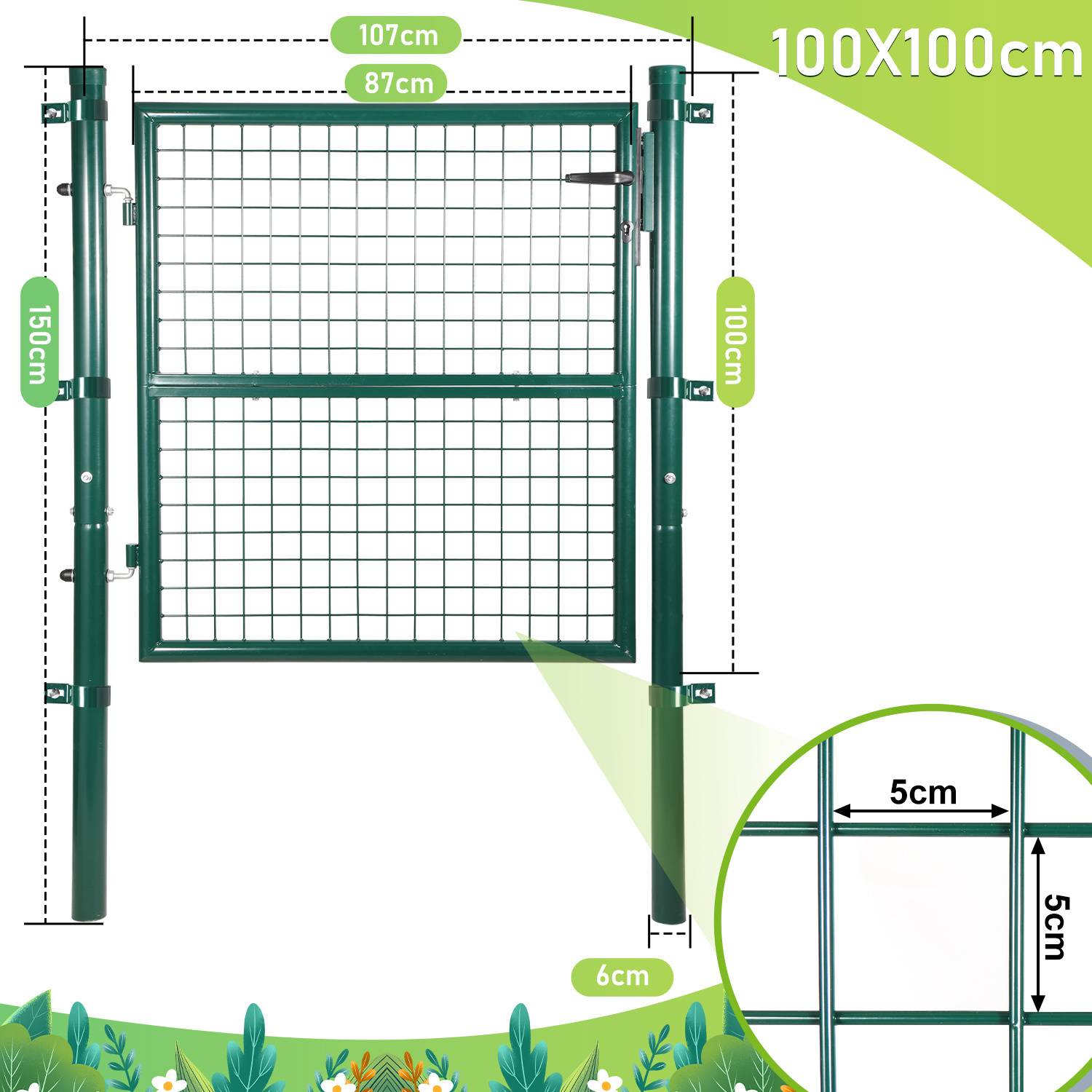 Grünes Metallgartentür mit Abmessungen: 100x100 cm Paneel, 87x100 cm inneres Gitter. Bodenfreiheit beträgt 6 cm. Zwei vertikale Pfosten sind 150 cm hoch.