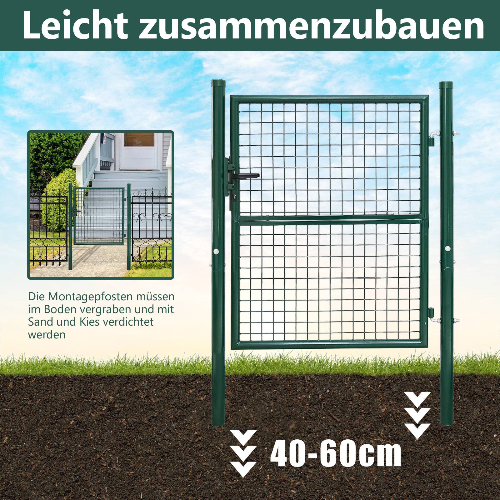 Grünes Metallgartentor mit Gittermuster abgebildet. Die Beschriftung lautet „Leicht zusammenzubauen