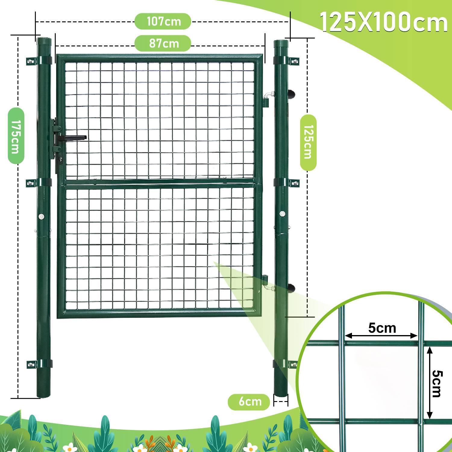 Grünes Metalltor mit Gitterdesign, Abmessungen 125x100 cm. Das Tor ist 145 cm hoch und 87 cm breit, mit 5 cm Rahmendicke.