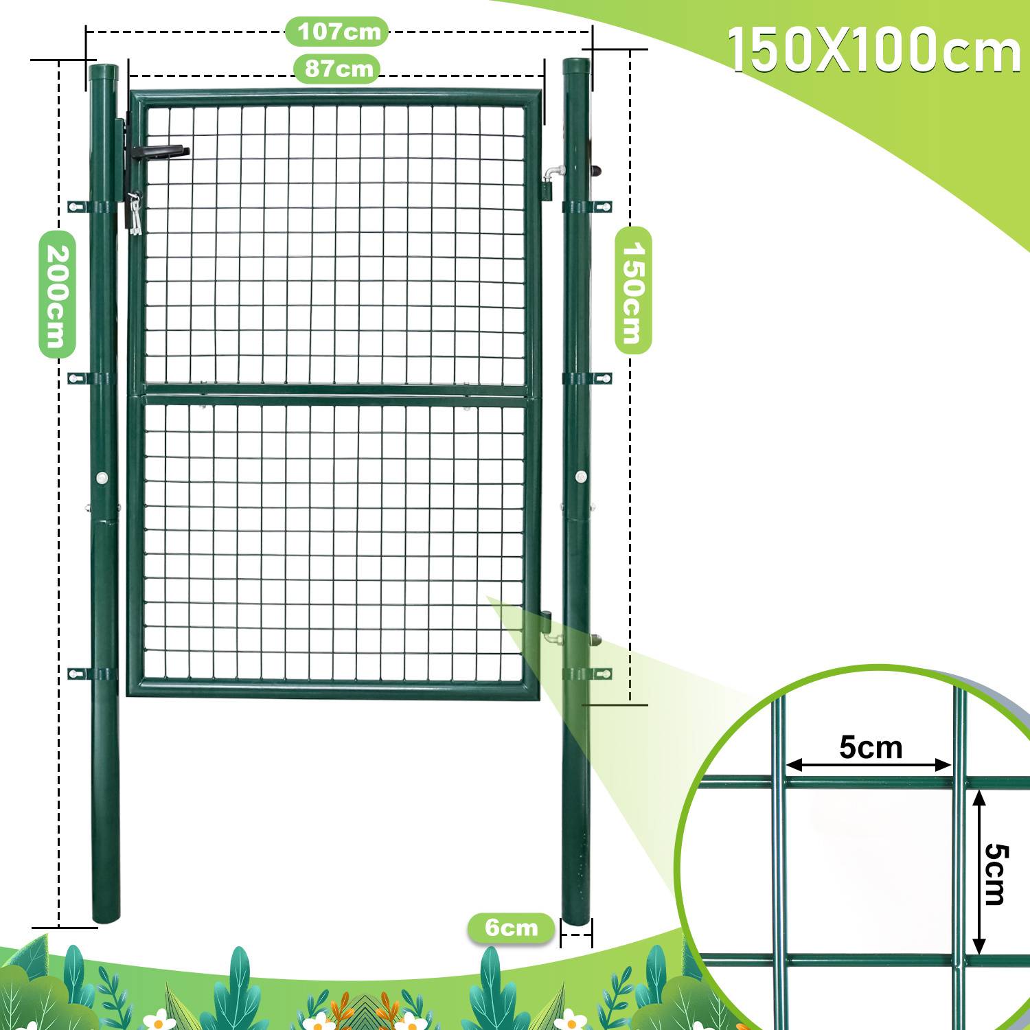 Metallgartentür, 200 cm hoch, 107 cm breit, grüner Rahmen mit Netzdesign, Nahaufnahme zeigt 5 cm Abstände, dekorative Pflanzen am unteren Ende.