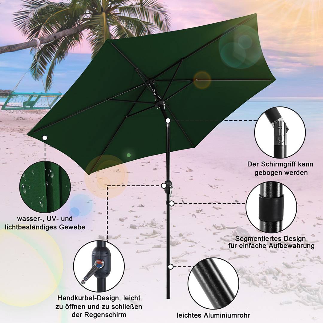 Eine Strandszene mit einem grünen Regenschirm aus wasser-, UV- und lichtbeständigem Stoff. Das Bild hebt seine leichte Aluminiummast, segmentiertes Design zur Lagerung und einfach zu öffnenden Handkurbel hervor.