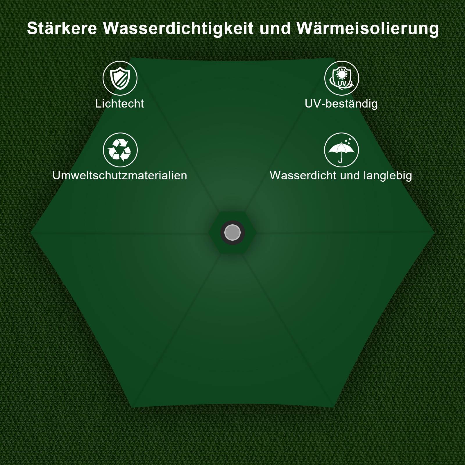 Grüner Schirm mit vier Symbolen: „Lichtecht