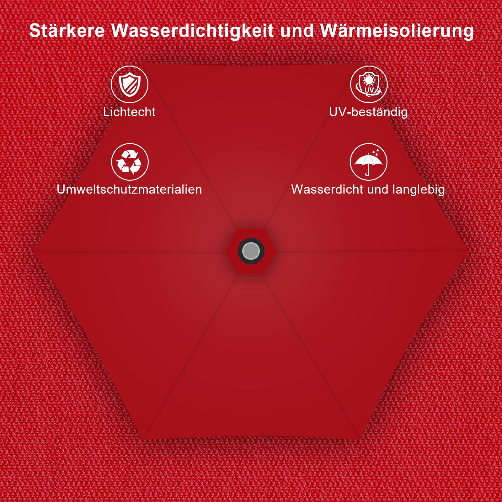 Ein roter Regenschirm mit Symbolen und deutschem Text, der Funktionen hervorhebt: „Lichtechtheit