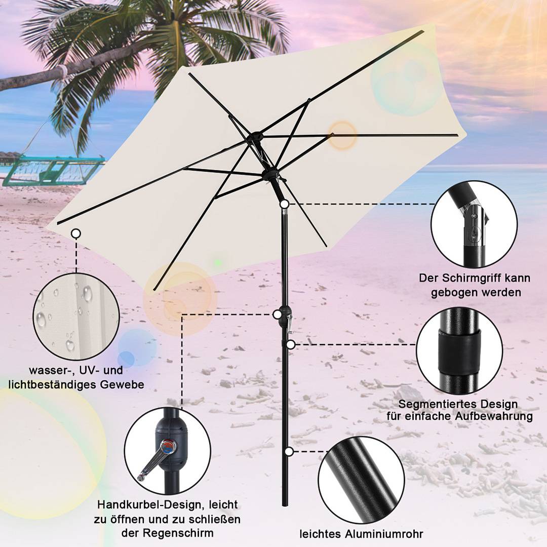 Eine Strandszene mit einem weißen Schirm zeigt Details: wasserbeständiges Gewebe, verstellbarer Griff, praktisches Lagersystem und Aluminiummast.