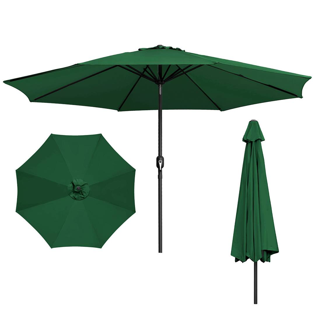 Ein grüner Outdoor-Patienschirm, geöffnet dargestellt, Seitenansicht, und zusammengeklappt, mit einer langlebigen Mittelsäule, geeignet für Garten- oder Strandnutzung.