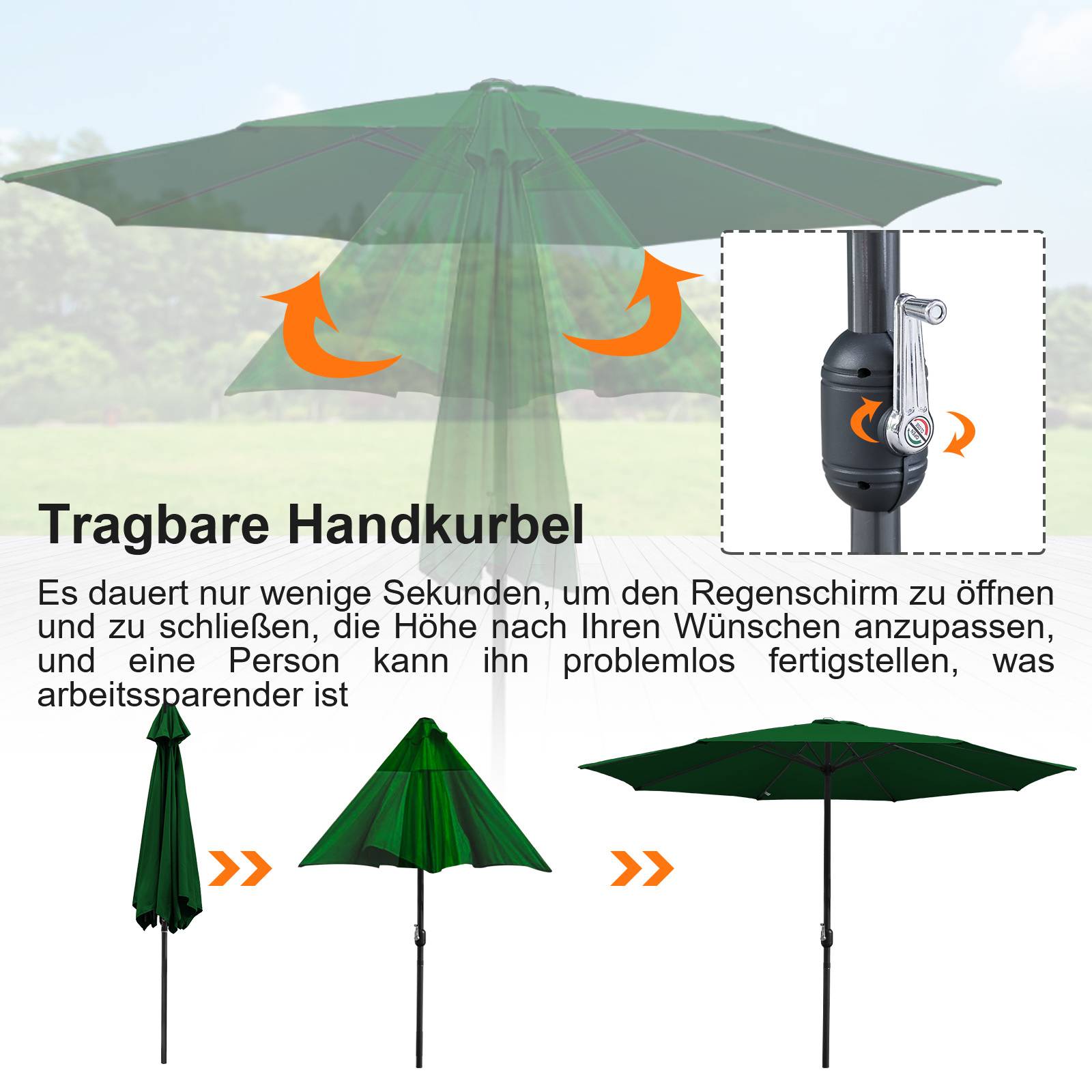 Eine Infografik, die einen verstellbaren grünen Terrassenschirm mit einer Kurbel zum einfachen Öffnen und zur Höhenverstellung zeigt.