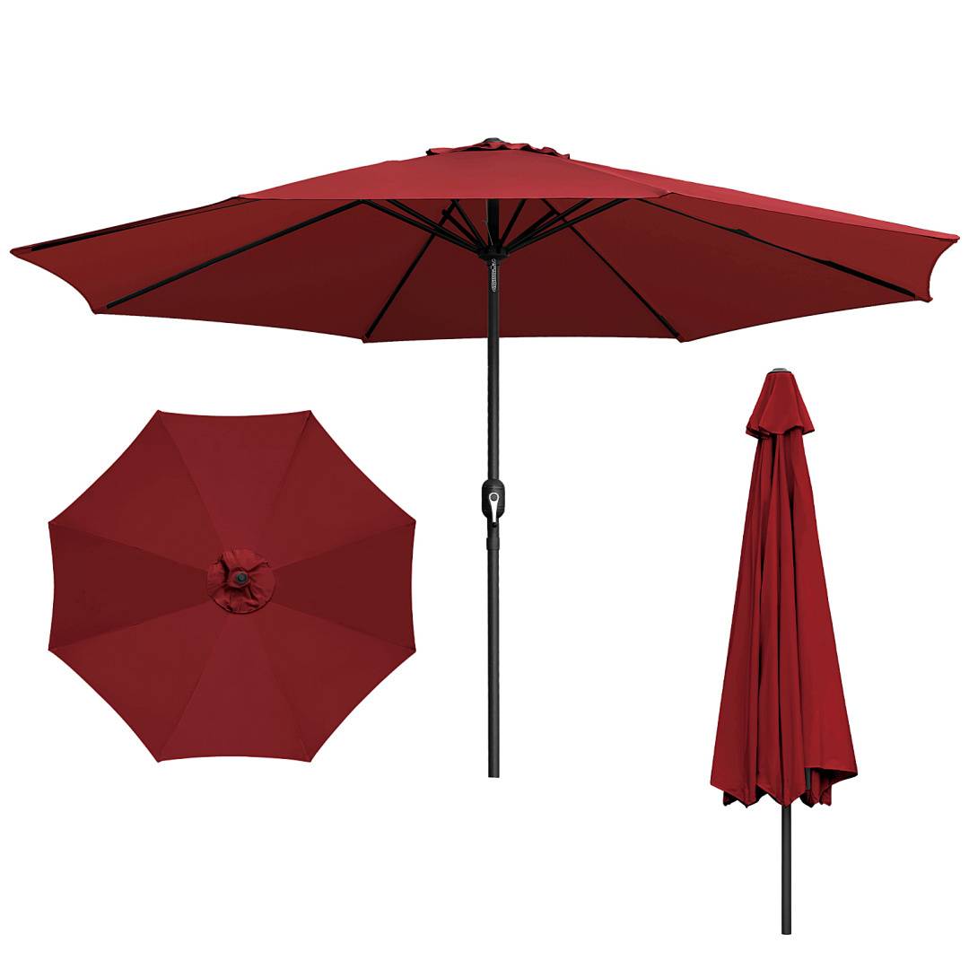 Roter Terrassenschirm in geöffnetem, geschlossenem und von oben betrachteter Zustand gezeigt. Mit schwarzem Zentralmast und Kurbel zum Verstellen der Höhe und des Neigungswinkels.