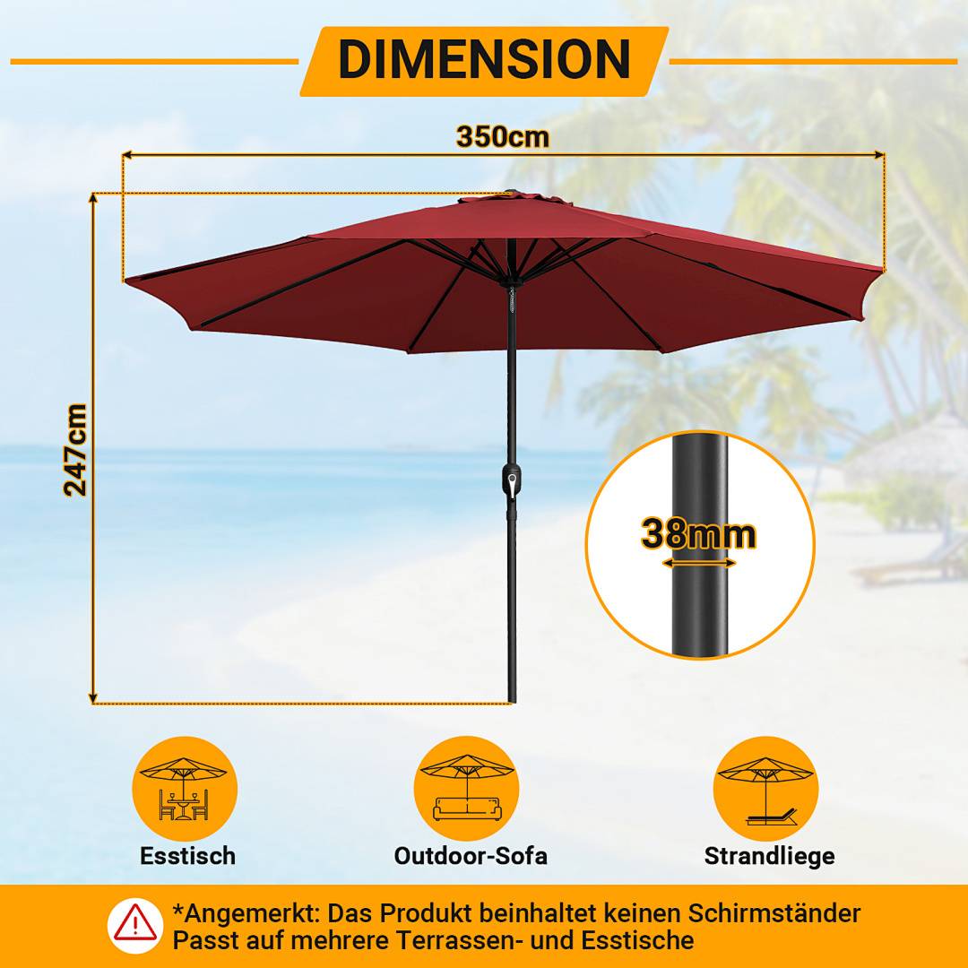 Roter Terrassenschirm auf einem Sandstrand. Abmessungen: 350cm breit, 247cm hoch, Stangendurchmesser 38mm. Geeignet für Essbereich, Sofas, Strandbenutzung.