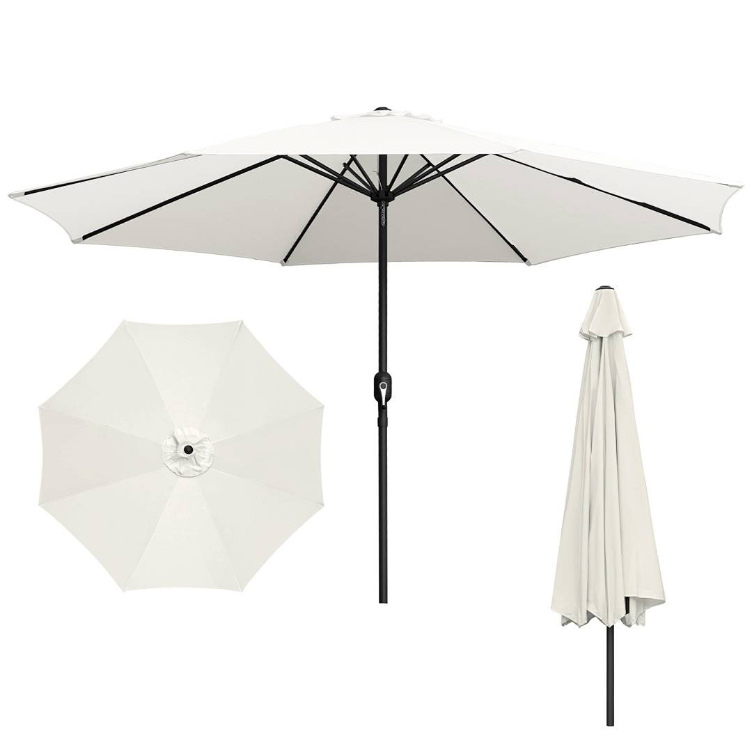 Weißer Terrassenschirm auf schwarzem Mast; gezeigt offen, geschlossen und von oben.