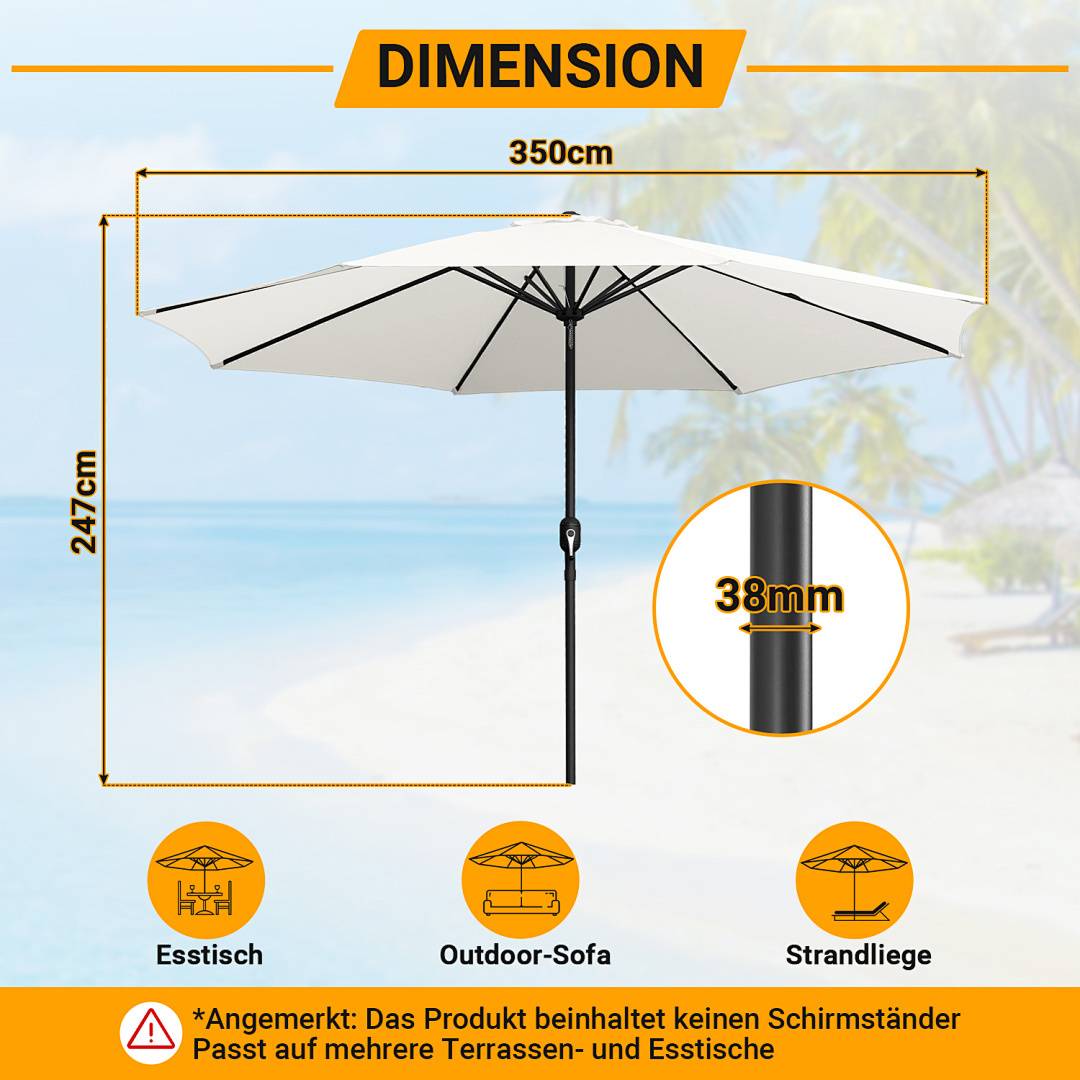 Weißer Terrassenschirm vor Strandkulisse, Abmessungen hervorgehoben: Höhe 247 cm, Durchmesser 350 cm, Mast 38 mm dick. Geeignet für Essbereiche, Gartenmöbel, Strandnutzung.