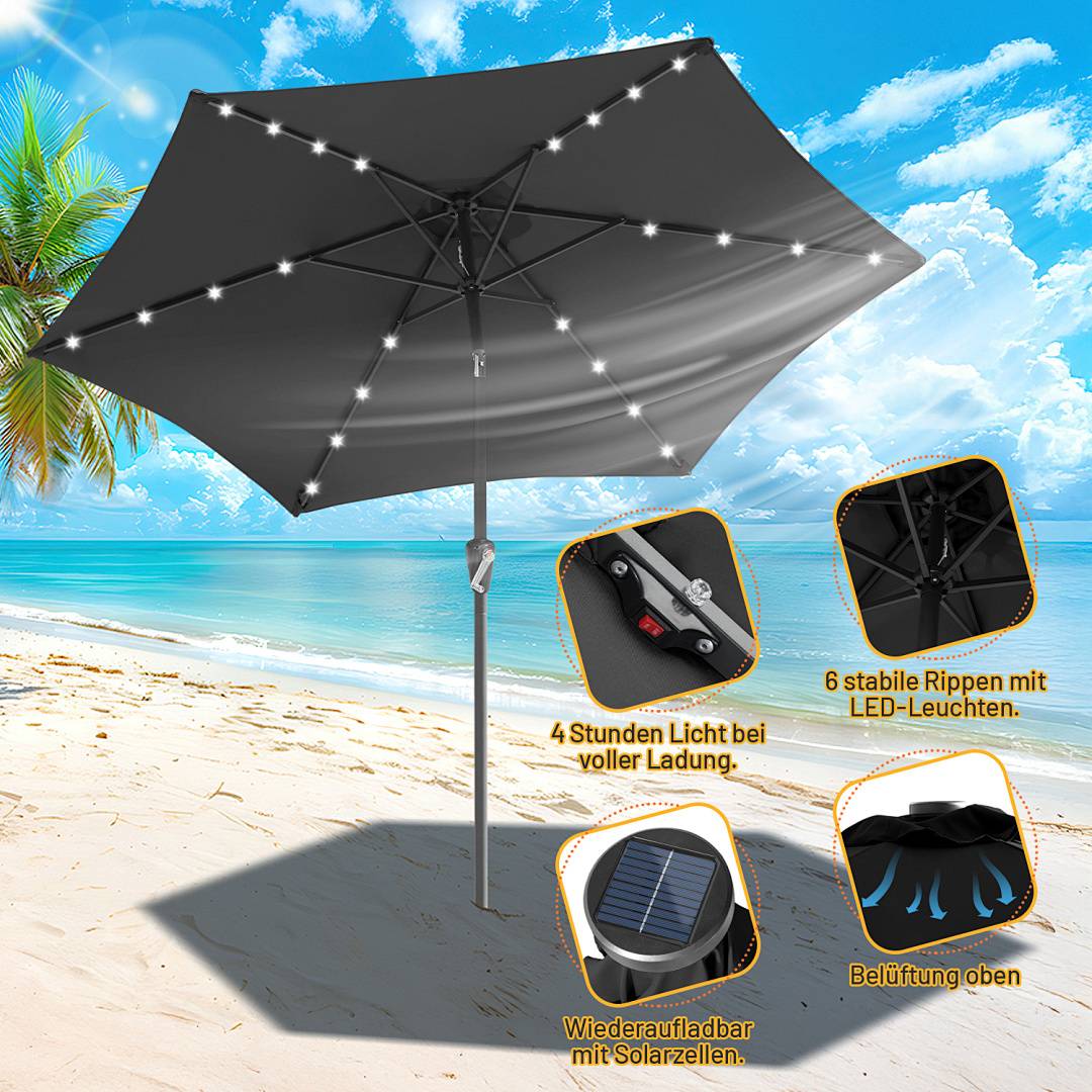 2.7m Sonnenschirm UV50+ Neigbar Sonnenschutz Gartenschirm Strandschirm LED Solar, knickbar, Schirmtuch mit PA-Beschichtung, Grau