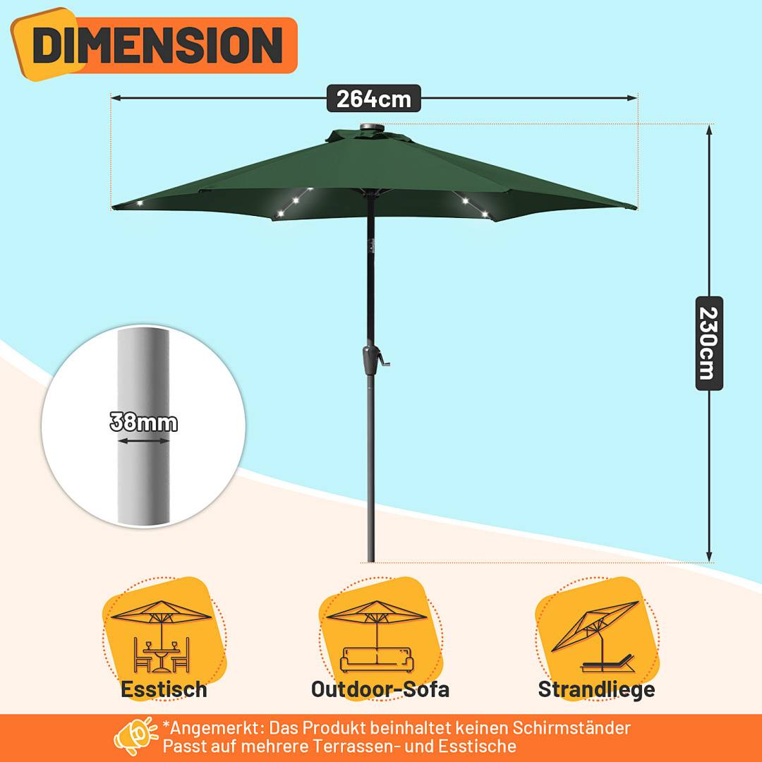 Maße für Terrassenschirm: Höhe 230 cm, Breite 264 cm, Durchmesser des Mastes 38 mm; geeignet für Tisch, Outdoor-Sofa oder Strandnutzung.