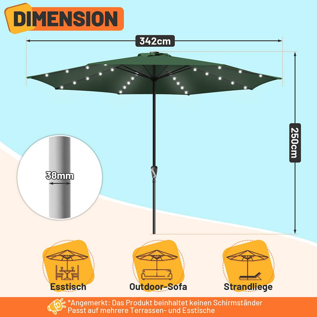 3.5m Sonnenschirm UV50+ Sonnenschutz Gartenschirm Strandschirm LED Solar, ohne knickbar, Schirmtuch mit PA-Beschichtung, Grün