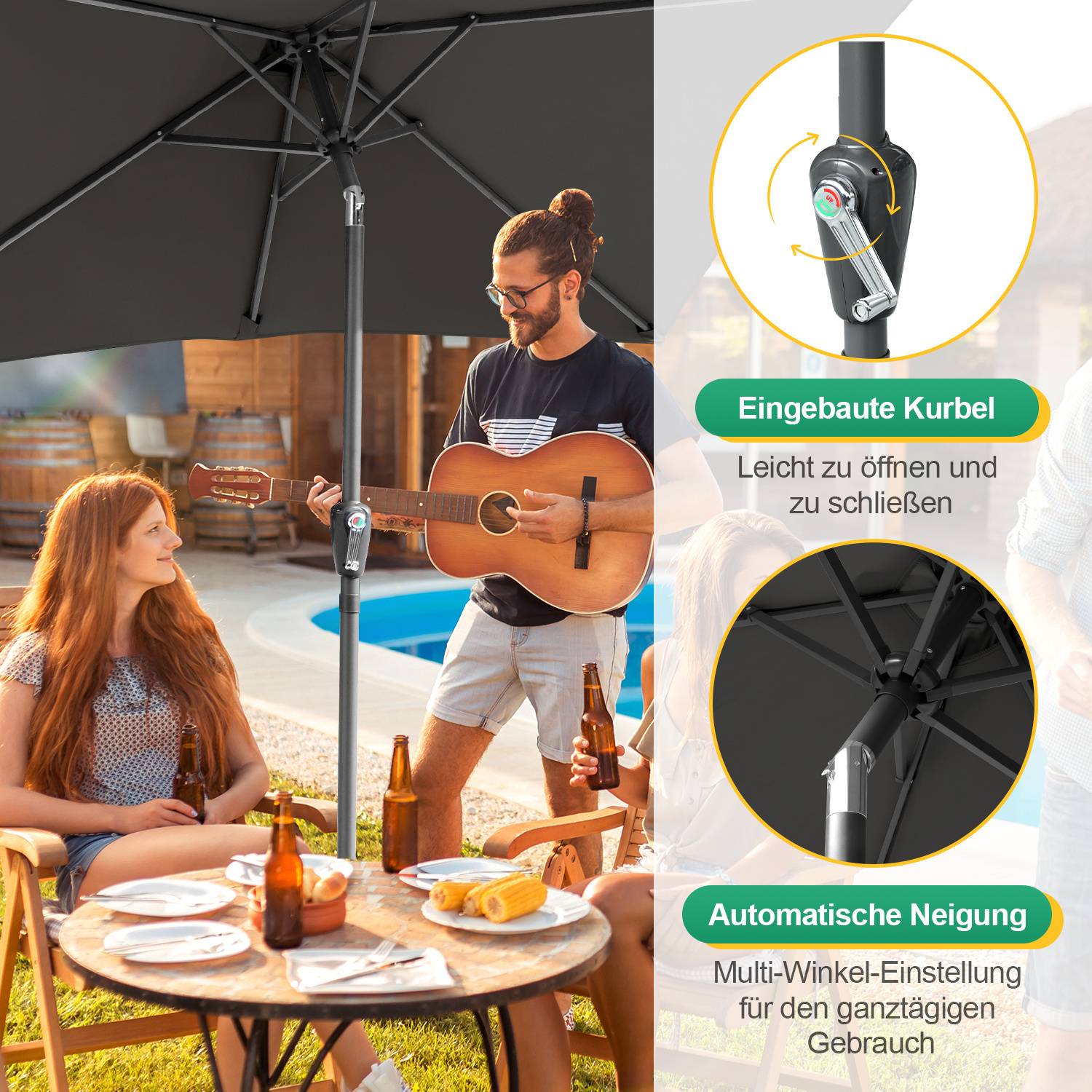 Eine Gruppe von Freunden genießt einen sonnigen Tag unter einem großen Terrassenschirm. Einer spielt Gitarre, andere sitzen um einen Tisch mit Getränken. Einschub: Merkmale des Schirms, mit Hervorhebung des Griffs und der Neigungsverstellung.