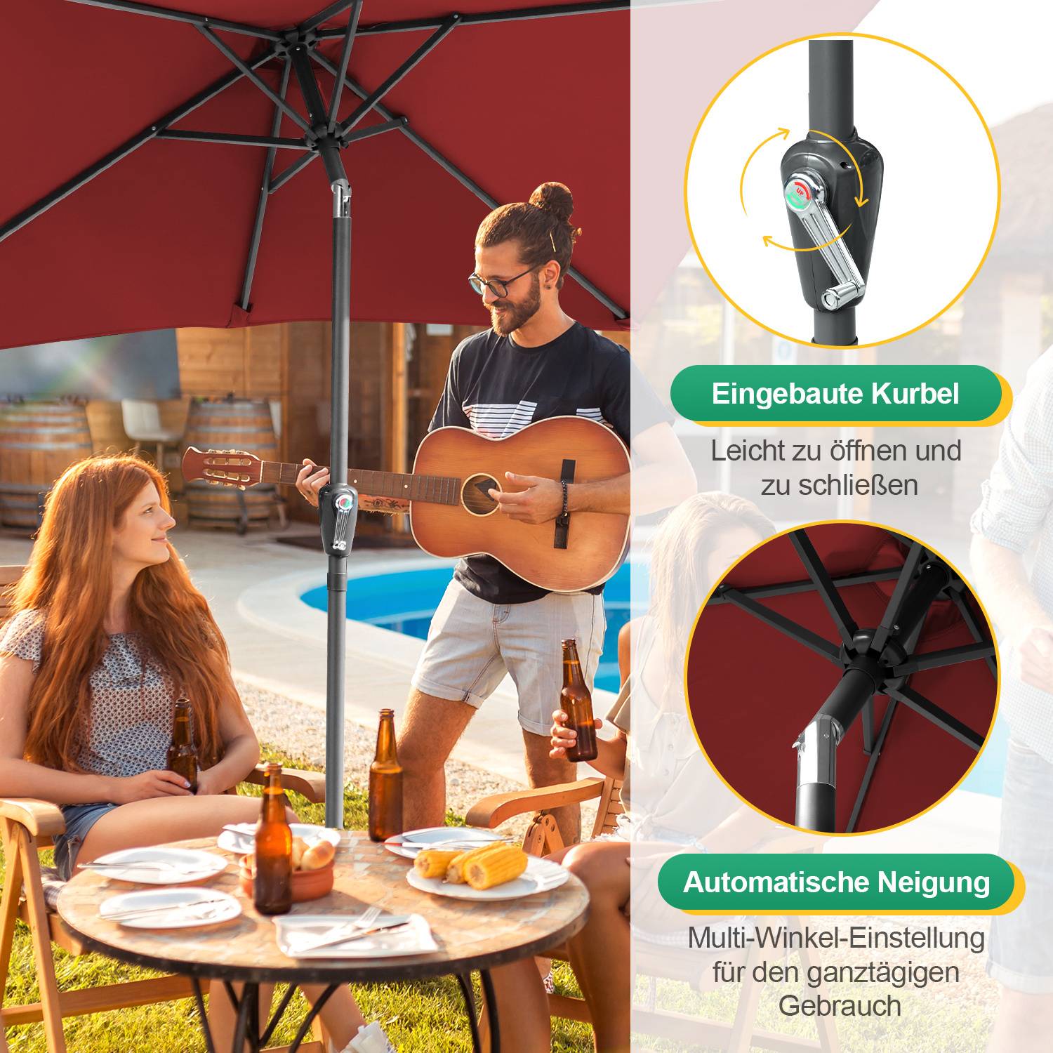 Eine Gruppe genießt einen sonnigen Tag unter einem großen roten Terrassenschirm. Ein Mann spielt Gitarre, während andere sich unterhalten. Das Inset zeigt Schirm-Funktionen, die auf Deutsch beschrieben sind.