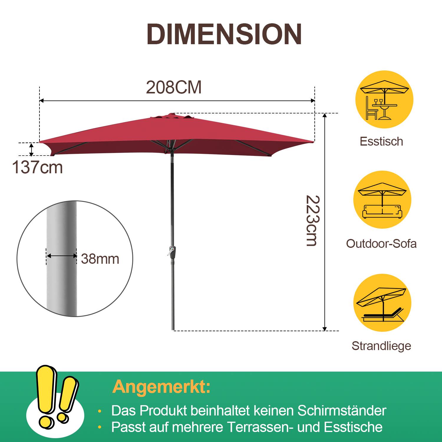 „Diagramm eines roten Terrassenschirms. Abmessungen: 208 cm breit, 223 cm hoch. Stange: 38 mm. Anmerkung: Ohne Ständer; passt auf Terrassen, Sofas, Liegestühle.