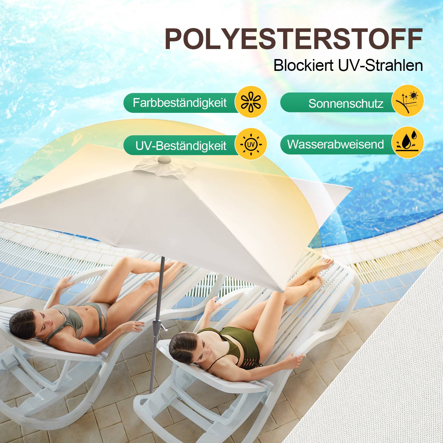 „Illustration mit Abmessungen eines Sonnenschirms. Höhe: 245 cm, Schirmdachdurchmesser: 208 cm. Poldurchmesser: 38 mm. Symbole für Esszimmer, Outdoor-Sofa und Strandnutzung.