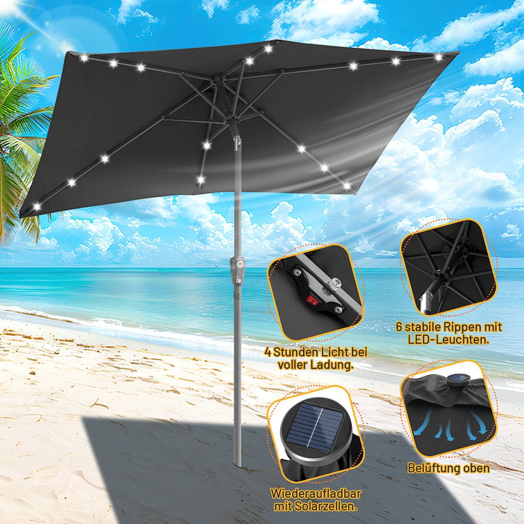 Eine Strandszene mit einem großen grauen Sonnenschirm mit LED-Leuchten, einem Solarpanel und Belüftung. Der Text hebt hervor, dass er in 4 Stunden vollständig aufgeladen ist.