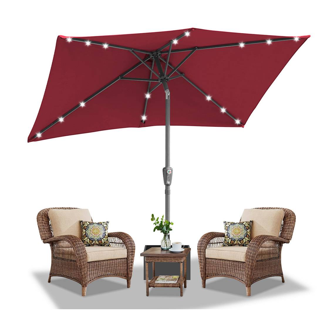 140x210m Sonnenschirm UV50+ Neigbar Sonnenschutz Gartenschirm Strandschirm LED Solar, knickbar, Schirmtuch mit PA-Beschichtung, Rot