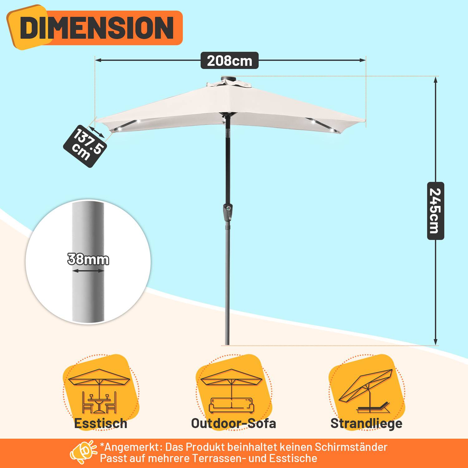 140x210m Sonnenschirm UV50+ Neigbar Sonnenschutz Gartenschirm Strandschirm LED Solar, knickbar, Schirmtuch mit PA-Beschichtung, Beige