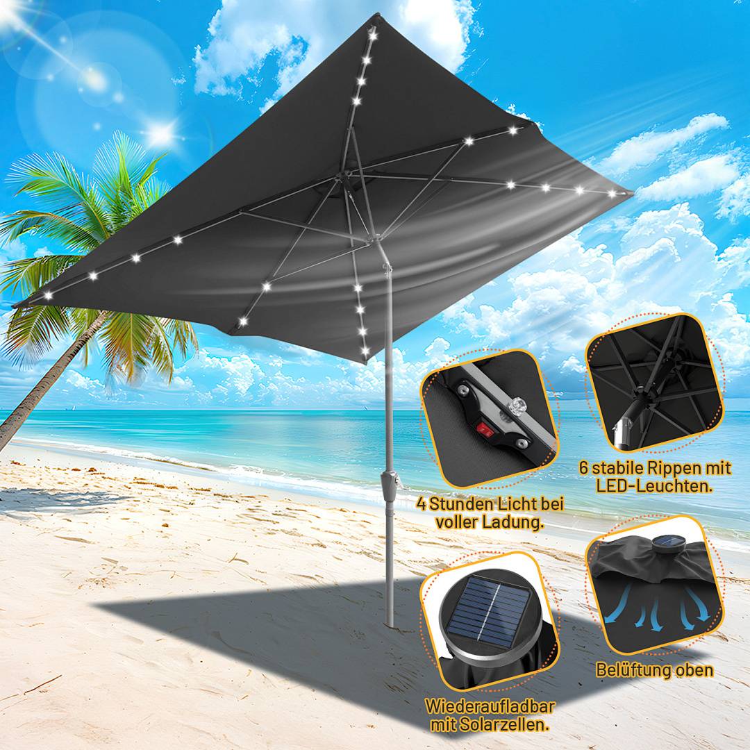 200x300m Sonnenschirm UV50+ Sonnenschutz Gartenschirm Strandschirm LED Solar, knickbar, Schirmtuch mit PA-Beschichtung, Grau