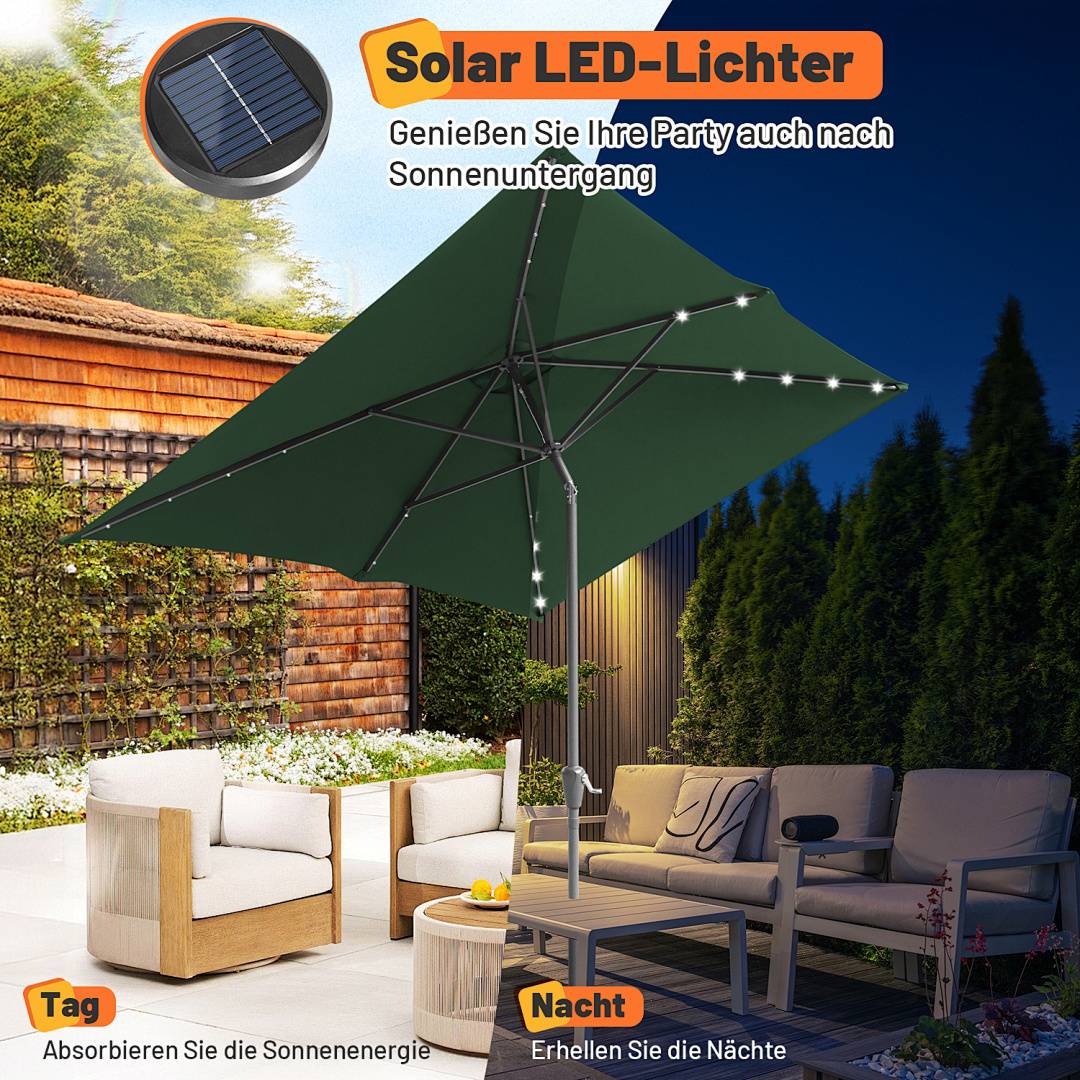 200x300m Sonnenschirm UV50+ Sonnenschutz Gartenschirm Strandschirm LED Solar, knickbar, Schirmtuch mit PA-Beschichtung, Grün