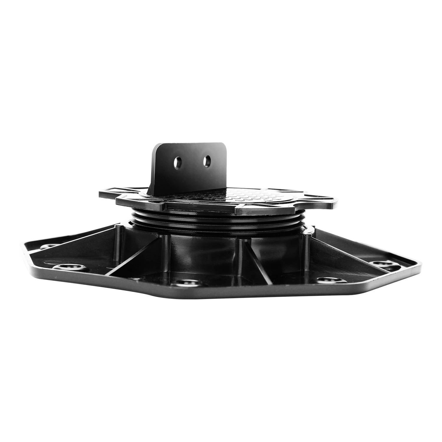 Schwarze Kunststoff-Fahrzeughalterung mit flacher sechseckiger Grundfläche und erhöhtem Mittelteil zur sicheren Befestigung.