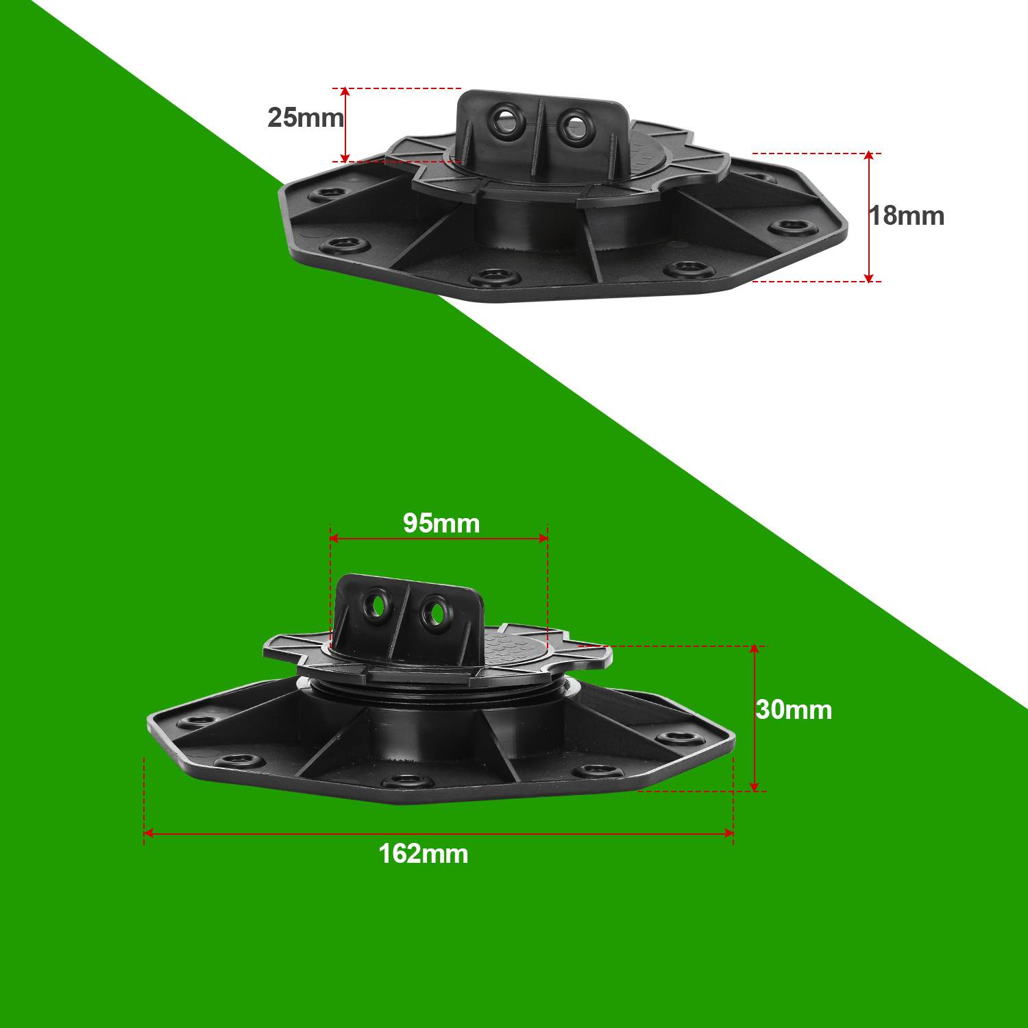 „Zwei schwarze Montagestützen mit Abmessungen: 95 mm, 162 mm, 25 mm, 30 mm und 18 mm Versatz vor grünem Hintergrund.