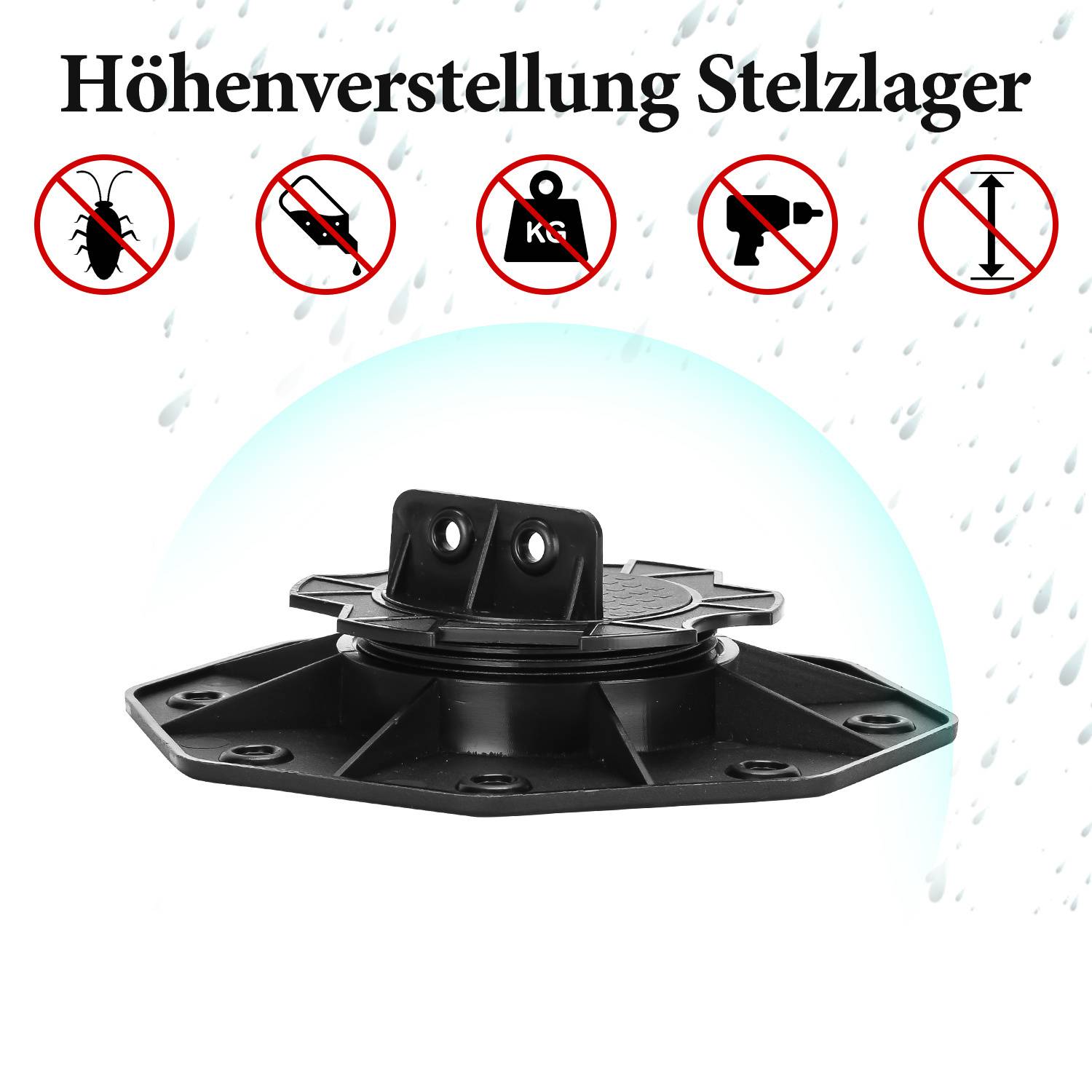 Ein schwarzer verstellbarer Sockel für Decking wird gezeigt, mit Symbolen darüber, die verbotene Aktionen darstellen, wie Bohren und Chemikalienverwendung.