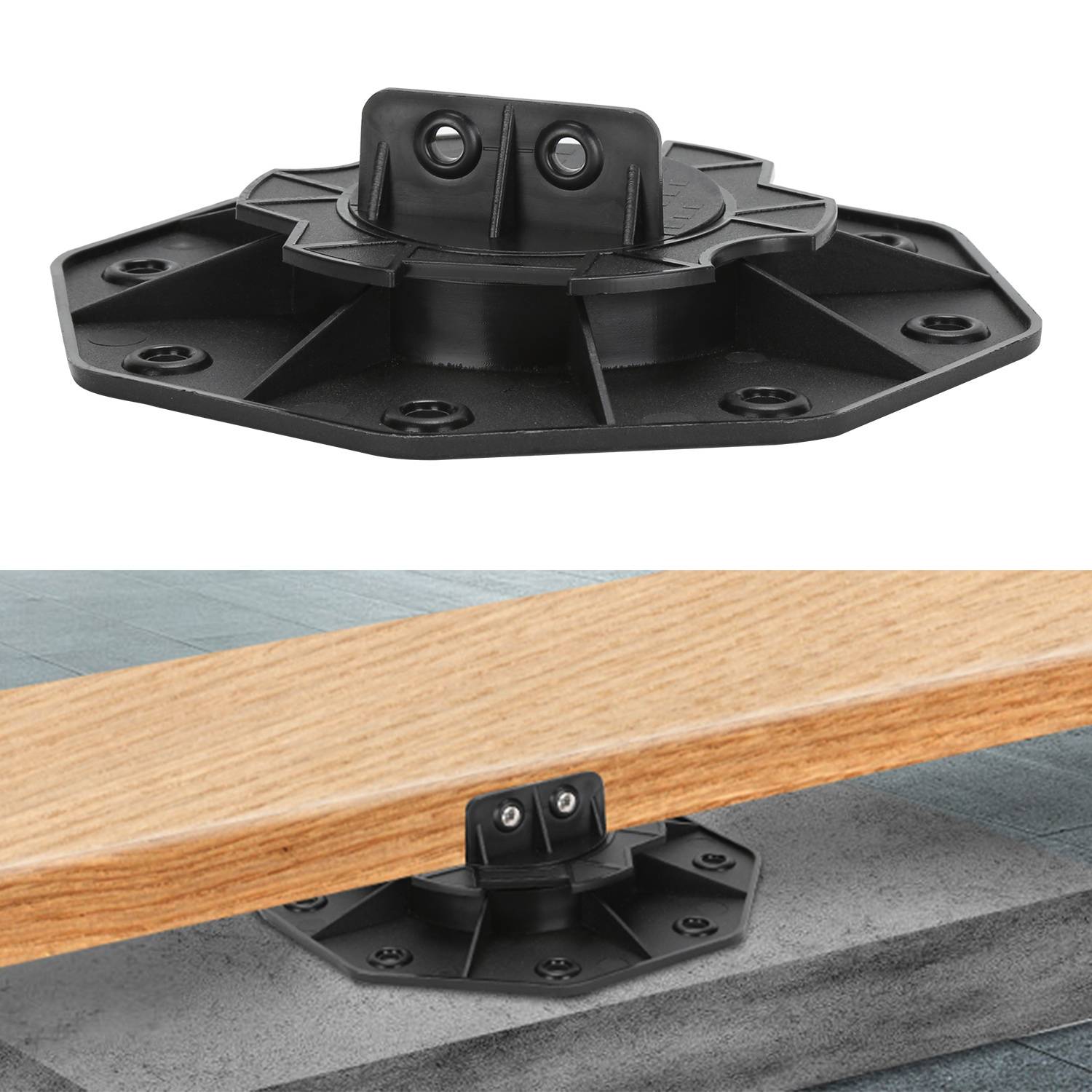 Bild zeigt zwei Ansichten einer schwarzen Befestigungsplatte mit Abmessungen: Höhe 18 mm und 30 mm, Länge 95 mm und 162 mm.