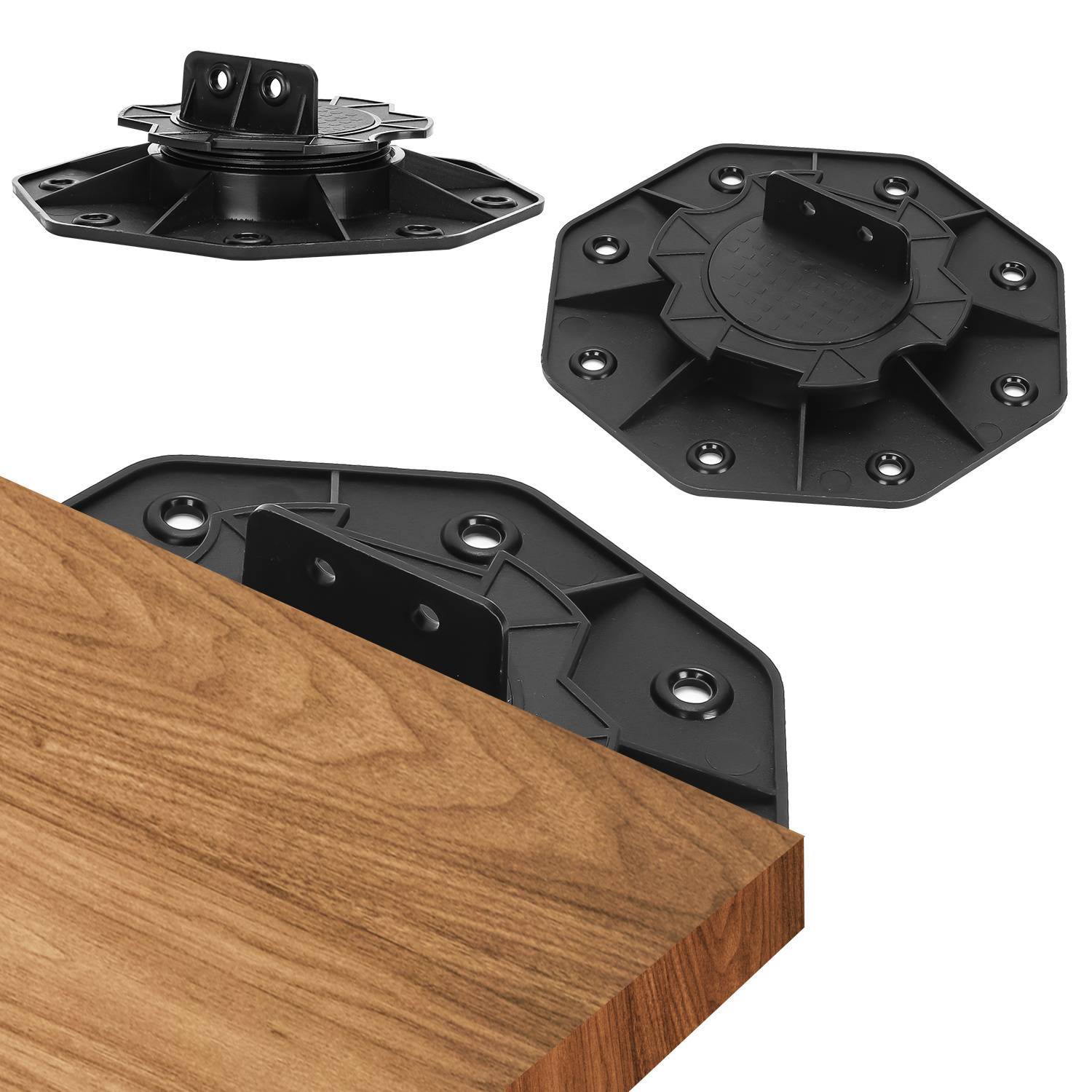 Schwarze Metallflansche und ein Holzregalbrrett, die auf Komponenten für die Montage oder Befestigung eines Regals an einer Oberfläche hindeuten.