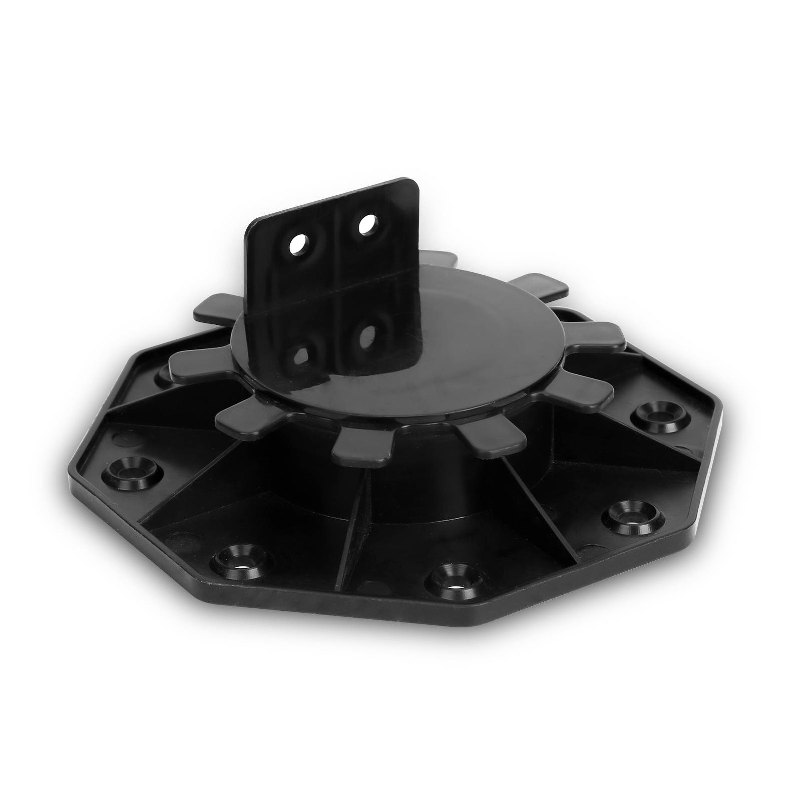 Schwarze Kunststoffklammer mit achteckiger Form, Befestigungslöcher und einer aufrechten Lasche mit zwei kleinen Löchern zur Befestigung.